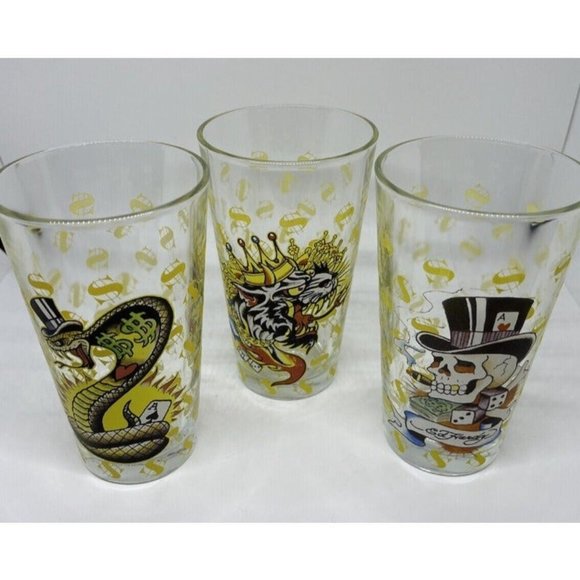 Ed Hardy Tattoo Art Pint Glass Christian Audigier  Las Vegas Skull,Snake,Tiger - Picture 1 of 10